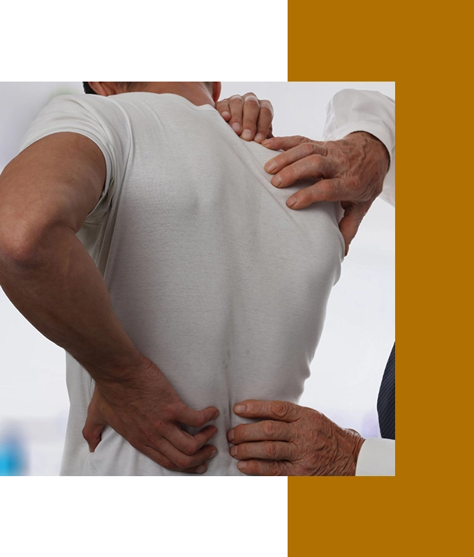 A person in a white shirt holds their lower back, while another's hands rest soothingly on their shoulder and back, evoking a sense of hypnosis for anxiety against a split background of black and brown panels.